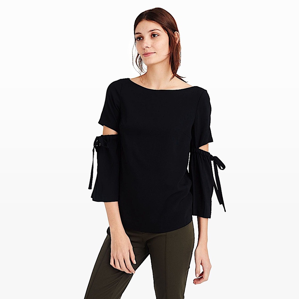 CLUB MONACO SANDRELLA LONG SLEEVE CUT OUT BOW TIE FLAIR ARM BLOUSE BLACK XS
